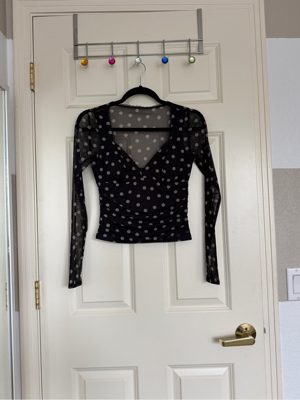 Abercrombie & Fitch Black Mesh Polka Dot V-Neck Top